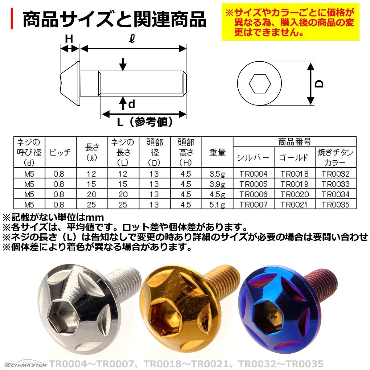 M5×12mm P0.8 ボタンボルト スターヘッド ステンレス 車/バイク/自転車 ドレスアップ パーツ 焼きチタンカラー 1個 TR0032の画像3