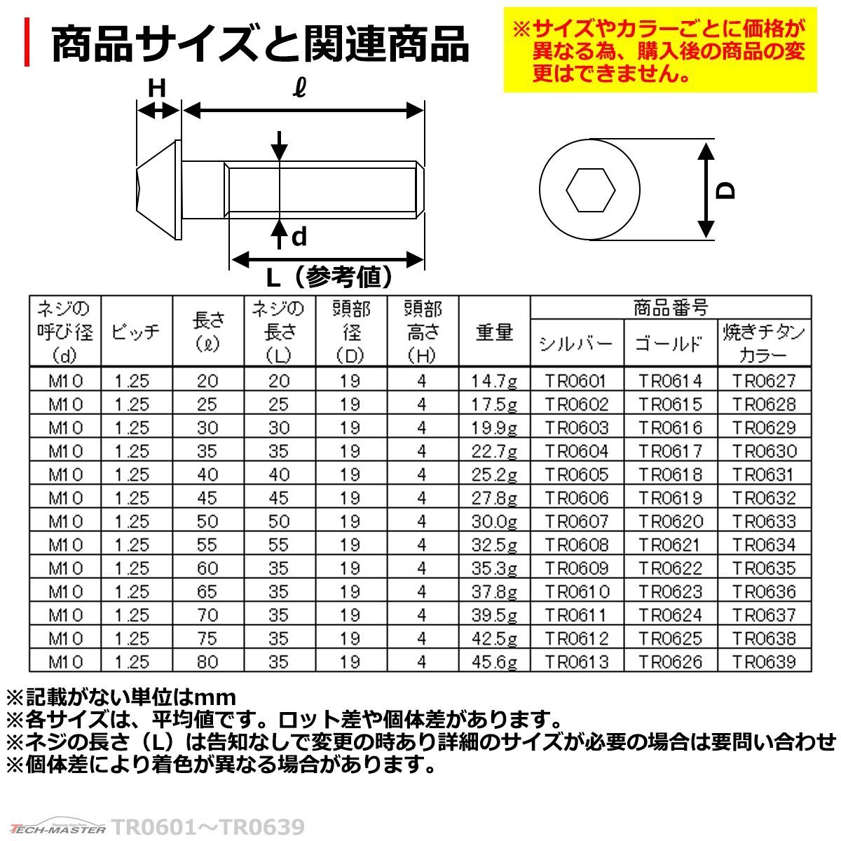 M10×65mm P1.25 ボタンボルト スターヘッド ステンレス 車/バイク/自転車 ドレスアップ パーツ ゴールド 1個 TR0623_画像4