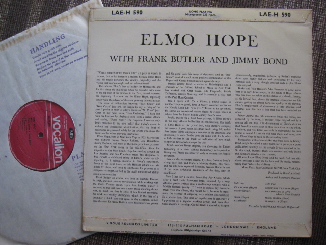 ☆ELMO HOPE with FRANK BUTLER and JIMMY BOND♪same☆vocalion LAE-H 590☆mono☆DG☆UK orig盤LP☆_画像2