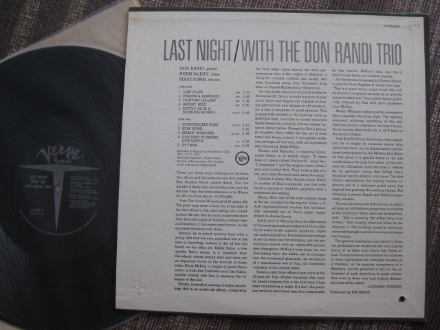 ★♪LAST NIGHT/WITH THE DON RANDI TRIO★Verve V-8524★mono★US orig盤LP★_画像2