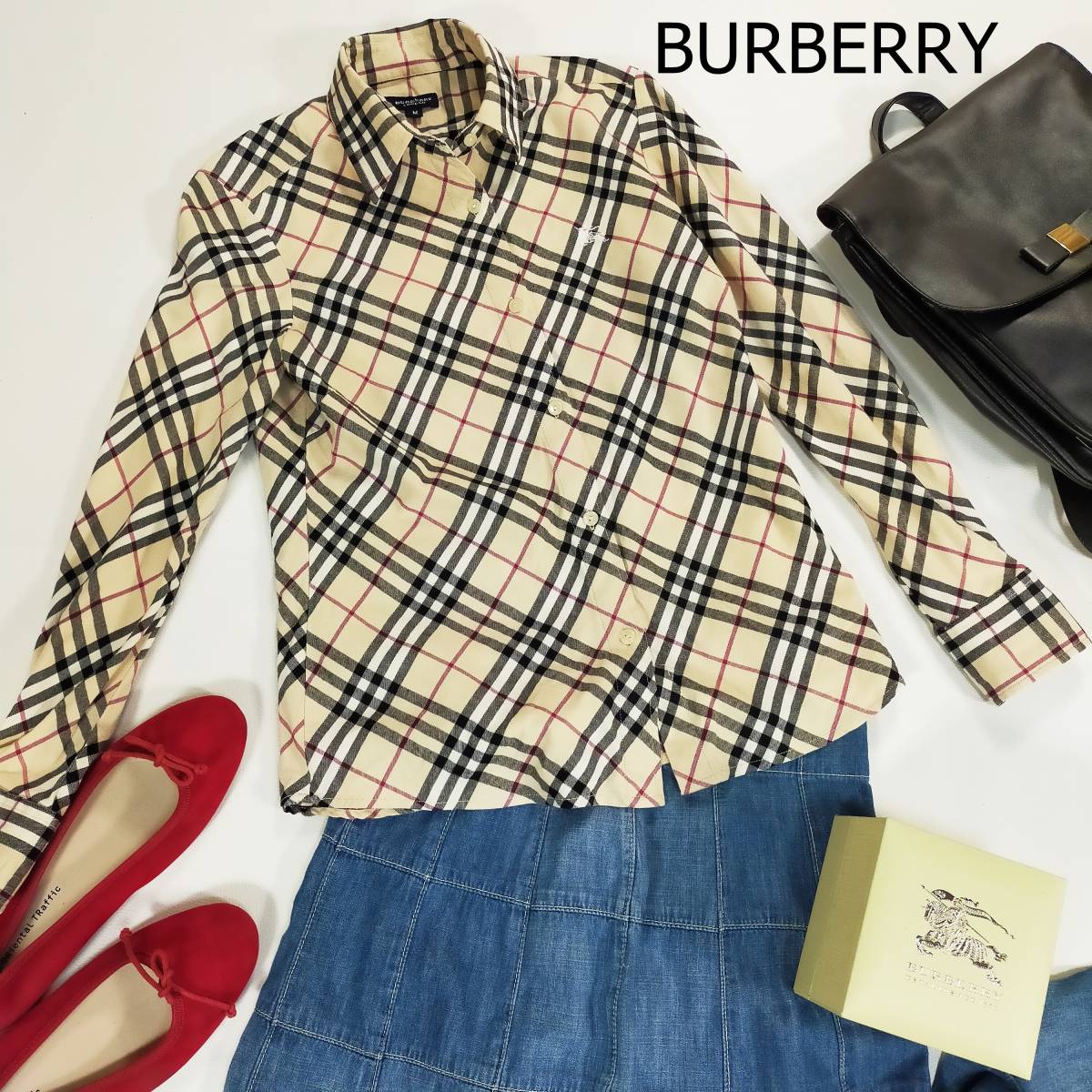BURBERRY バーバリー 長袖シャツ サイズM ベージュ チェック 刺繍ロゴ