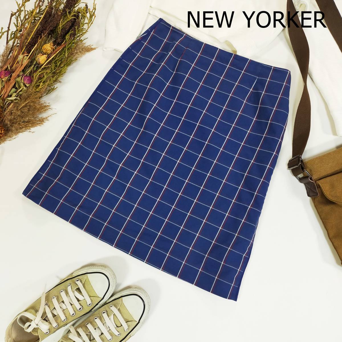NEW YORKER ニューヨーカー ボックススカート サイズ13 XL ブルー チェック ひざ丈 裏地有 サイドチャック シンプル かわいい 3250_画像1