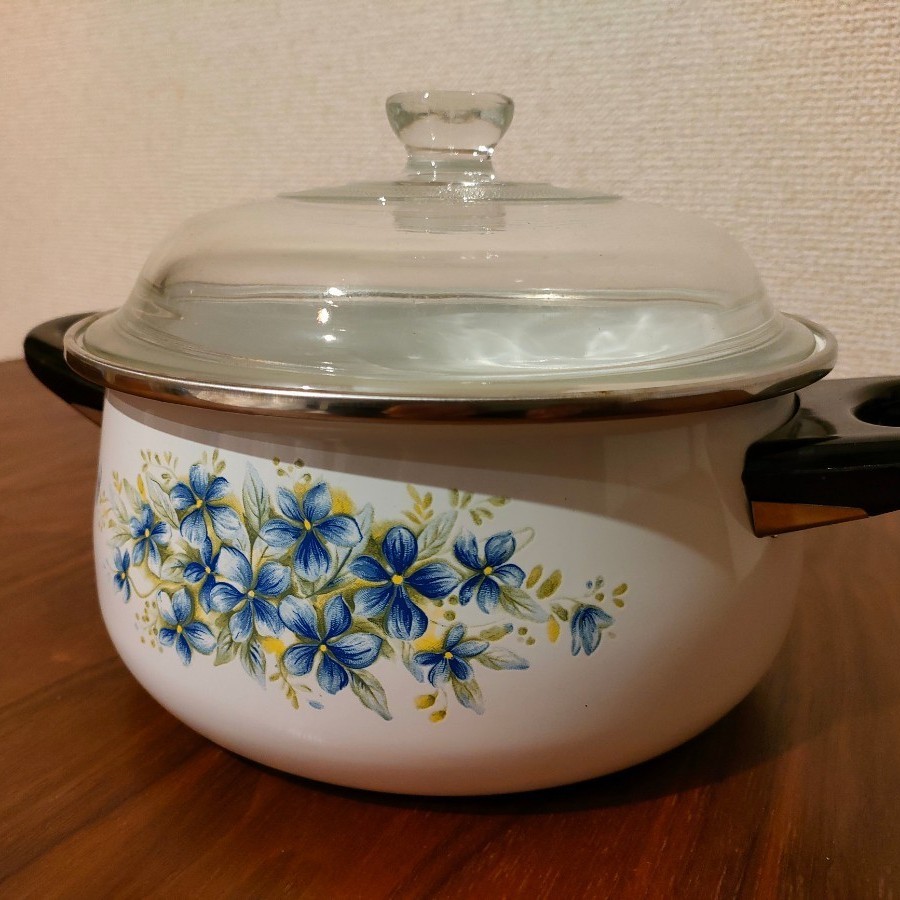 昭和レトロ ホーロー鍋 花柄 ブルー ホワイト お鍋