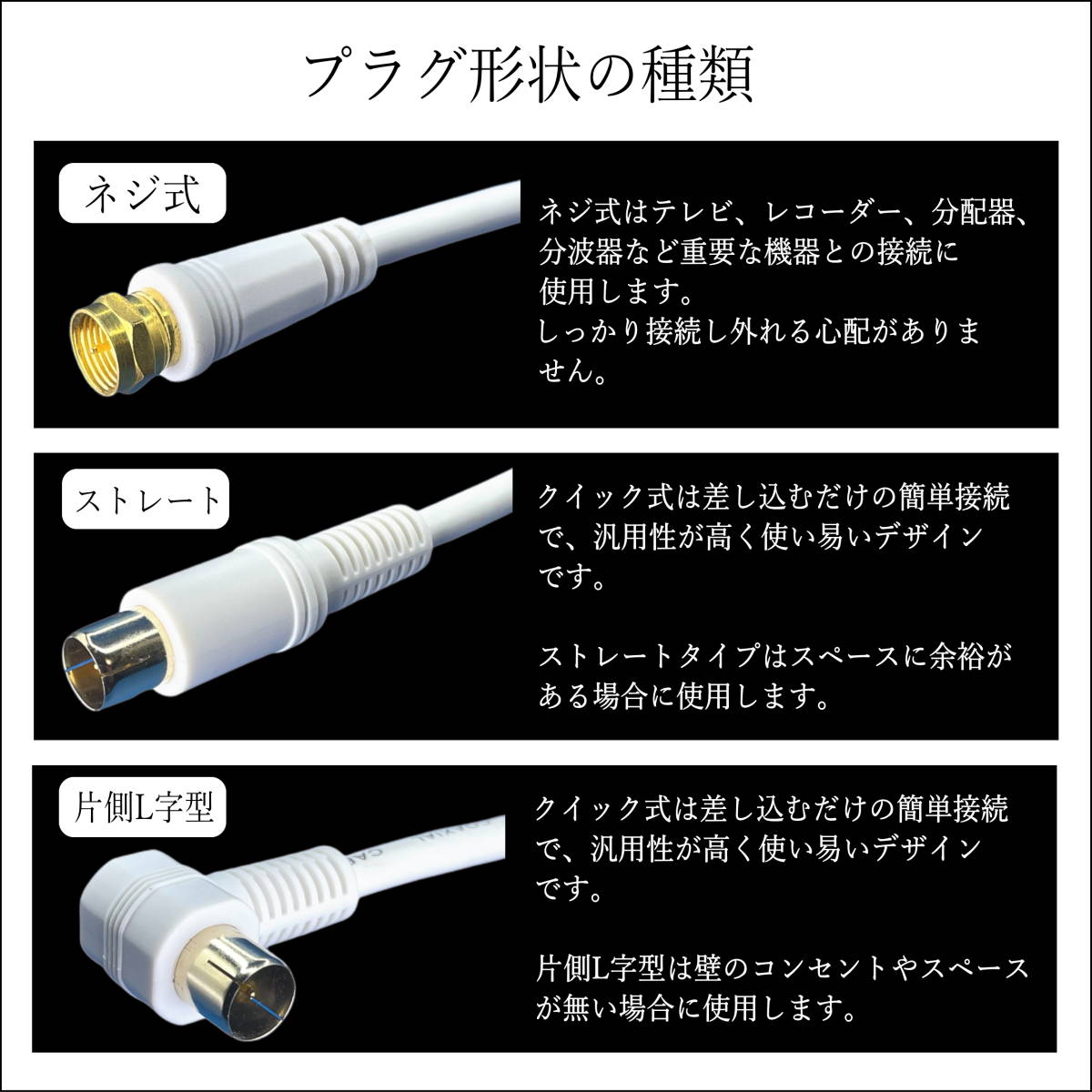 □【２本セット】アンテナケーブル 1m 片側L字型 ネジ切無しのマルチタイプ 壁のコンセントからテレビやレコーダーまで FQ-10x2