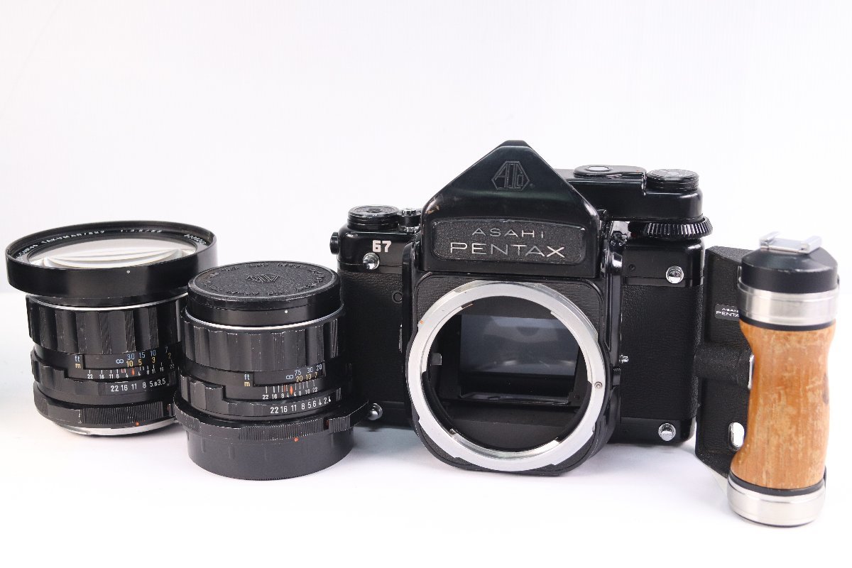 PENTAX ペンタックス 6×7 TTL Super-Multi-Coated TAKUMAR 55mm F3.5/105mm F2.4 レンズ 木製グリップ付 中判フィルムカメラ 36976-F_画像1