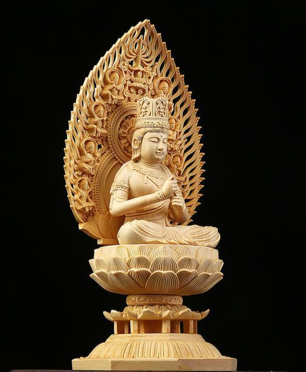 仏教美術 精密彫刻 仏像 手彫り 木彫仏像 大日如来座像 高さ約28cm 