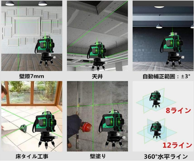 12ライン グリーン レーザー墨出し器 3D墨出器 水平器・墨だし器/自動補正機能 高輝度 高精度 360°4方向/1.2M三脚付き_画像6