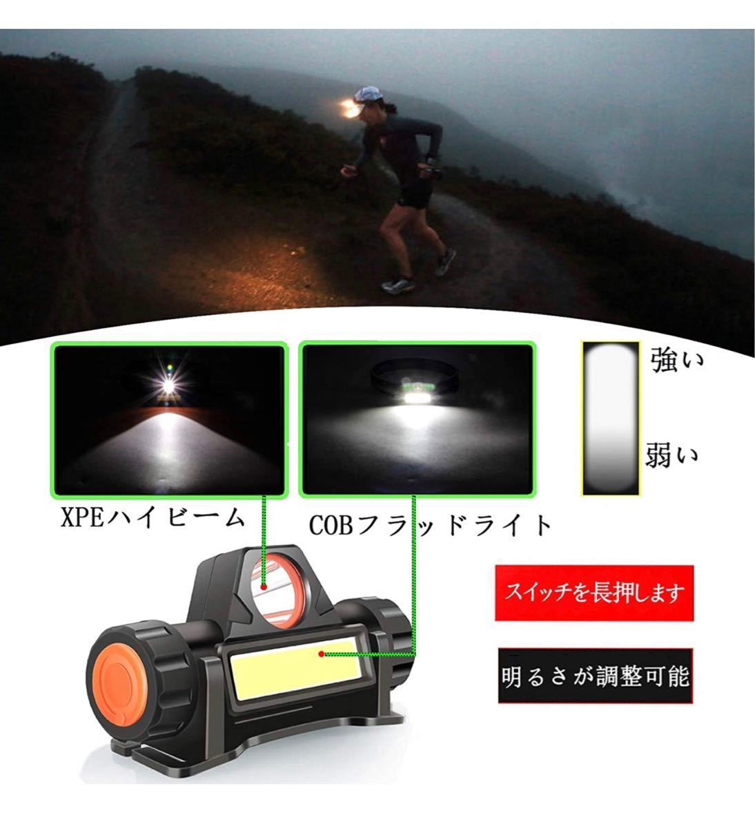 【2個セット】ヘッドライト 充電式 LEDヘッドライト USB 小型軽量 高輝度