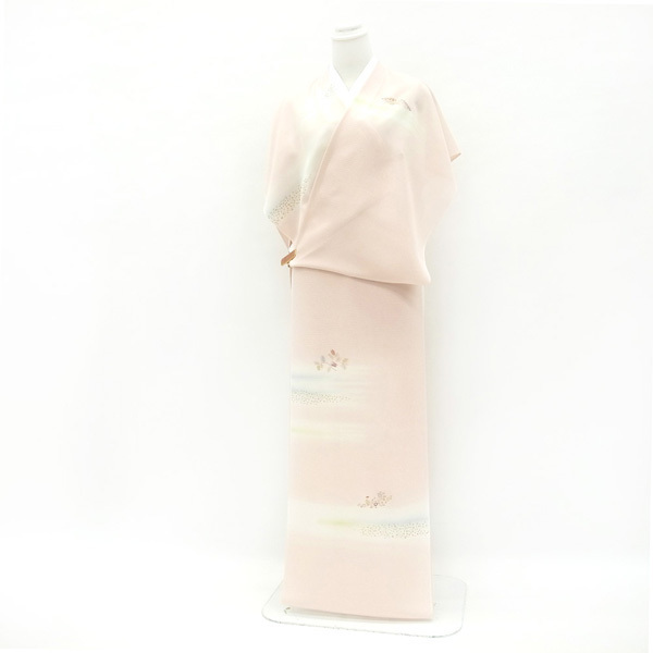 夏物 付下げ 反物 絽 着物 五泉 日本の絹 手刺繍 金彩加工 薄ピンク 菊 