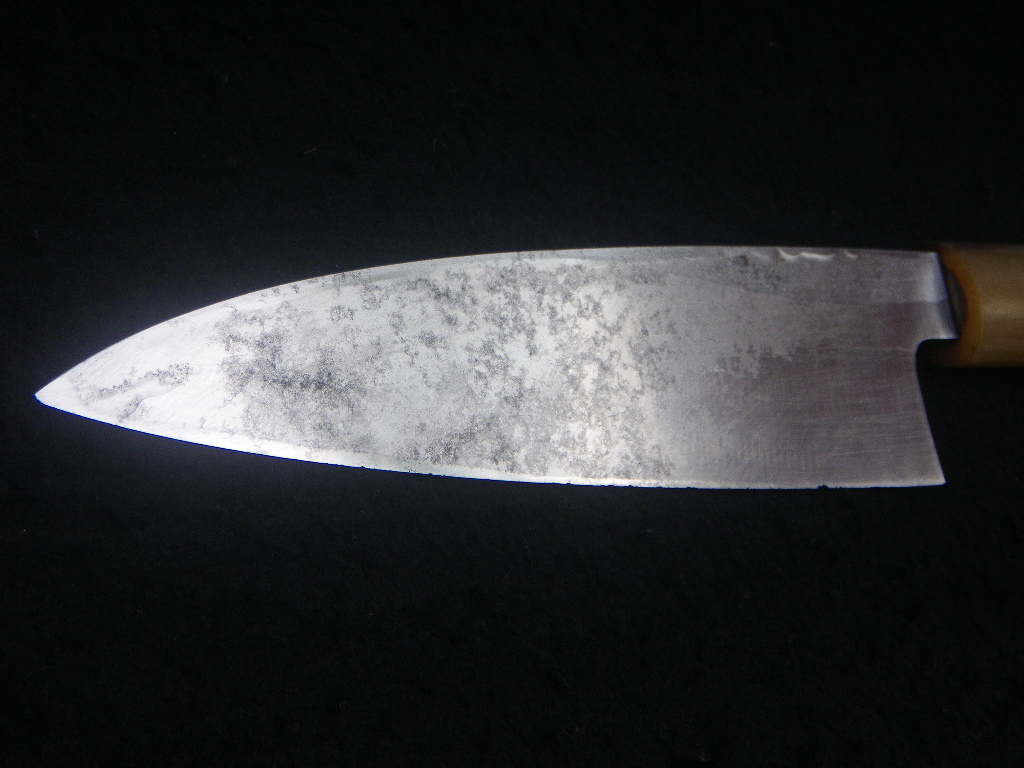 五寸五分　205g　相出刃包丁　白二鋼　水牛柄　実質刃長155㎜　Japan　professional vegetable knife　日本製　ARITSUGU　特製　有次_画像9