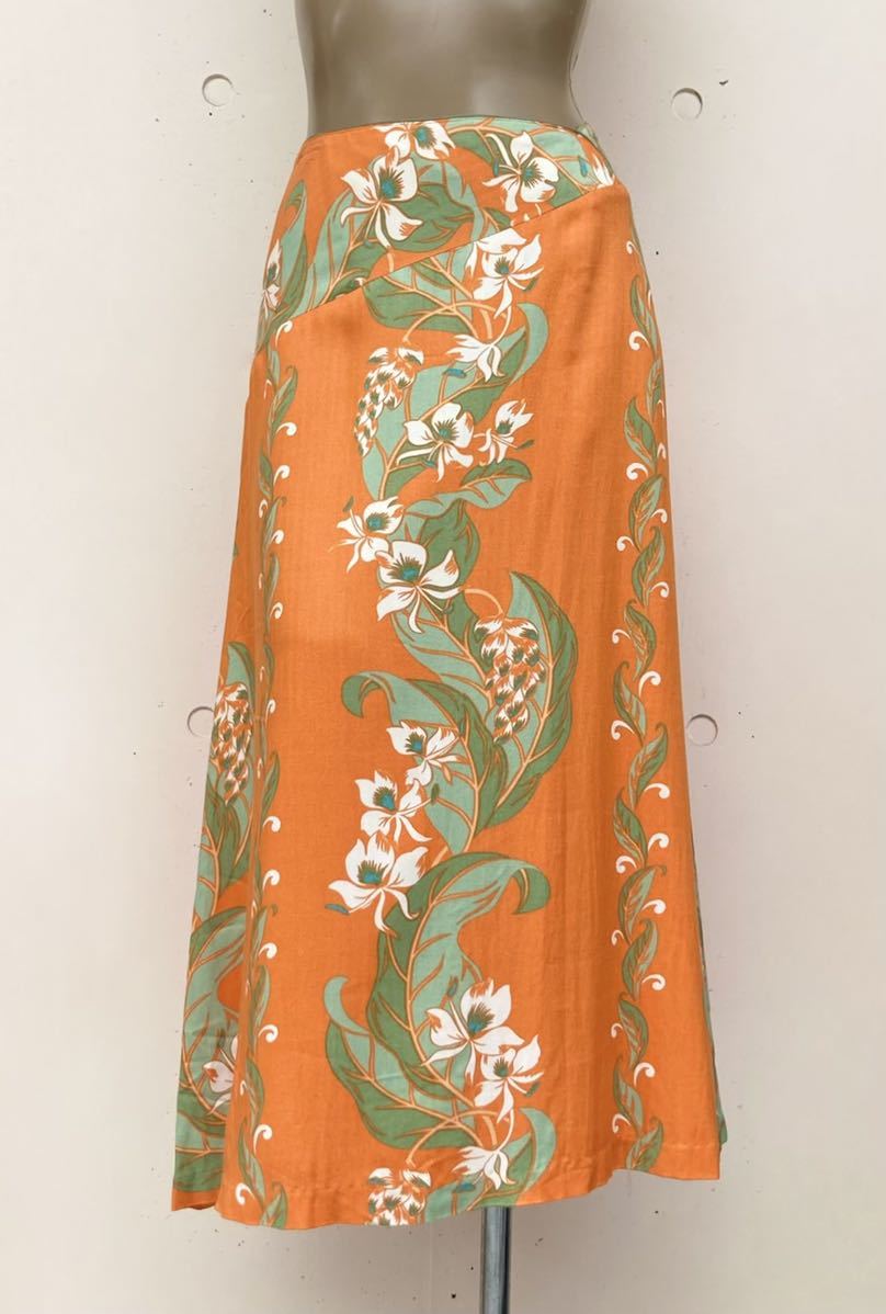 新品 La mana aloha オレンジ色の鮮やか南国花柄ロングスカート ML