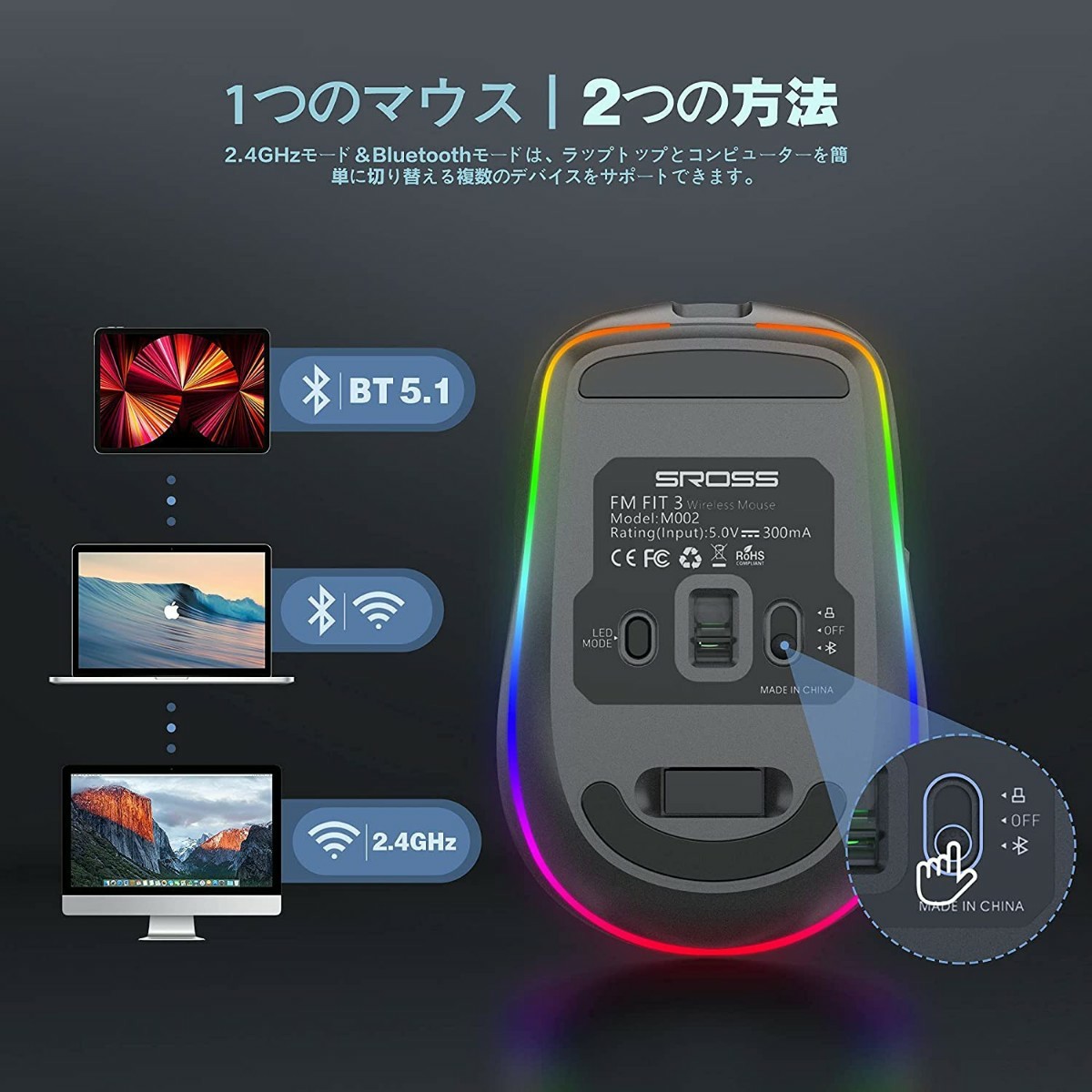 新品 ワイヤレスマウス 無線 マウス BT 5.0 7ボタン戻る/進むボタン搭載 瞬時接続 14色RGBライト付 2.4GHz