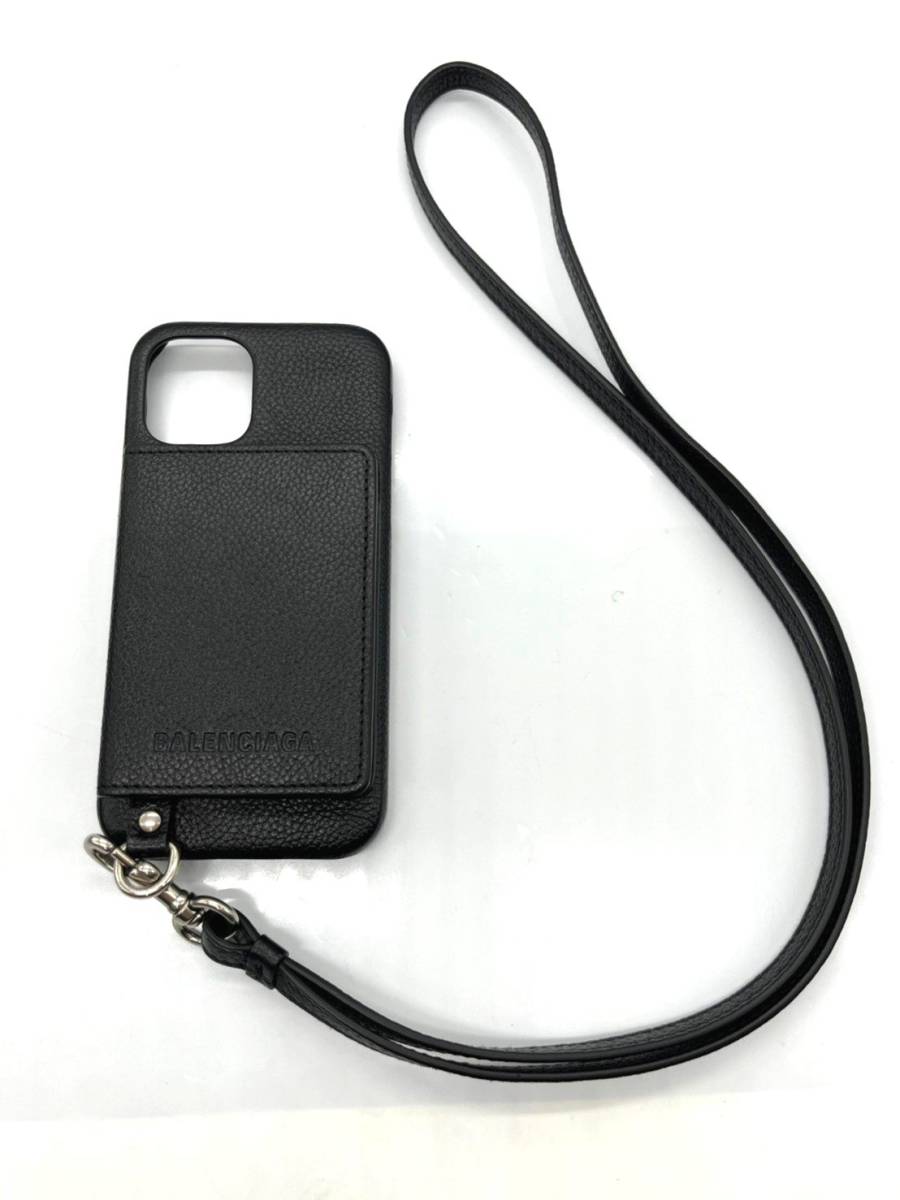 【美品】BALENCIAGA iPhone12pro ケース 取り外し可能ネックストラップ付き　ブラック　レザー