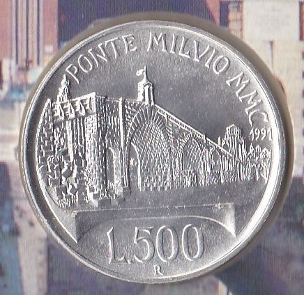 ★イタリア　ミルヴィオ橋2100周年記念　500リラ銀貨　1991年発行★#1871_画像2
