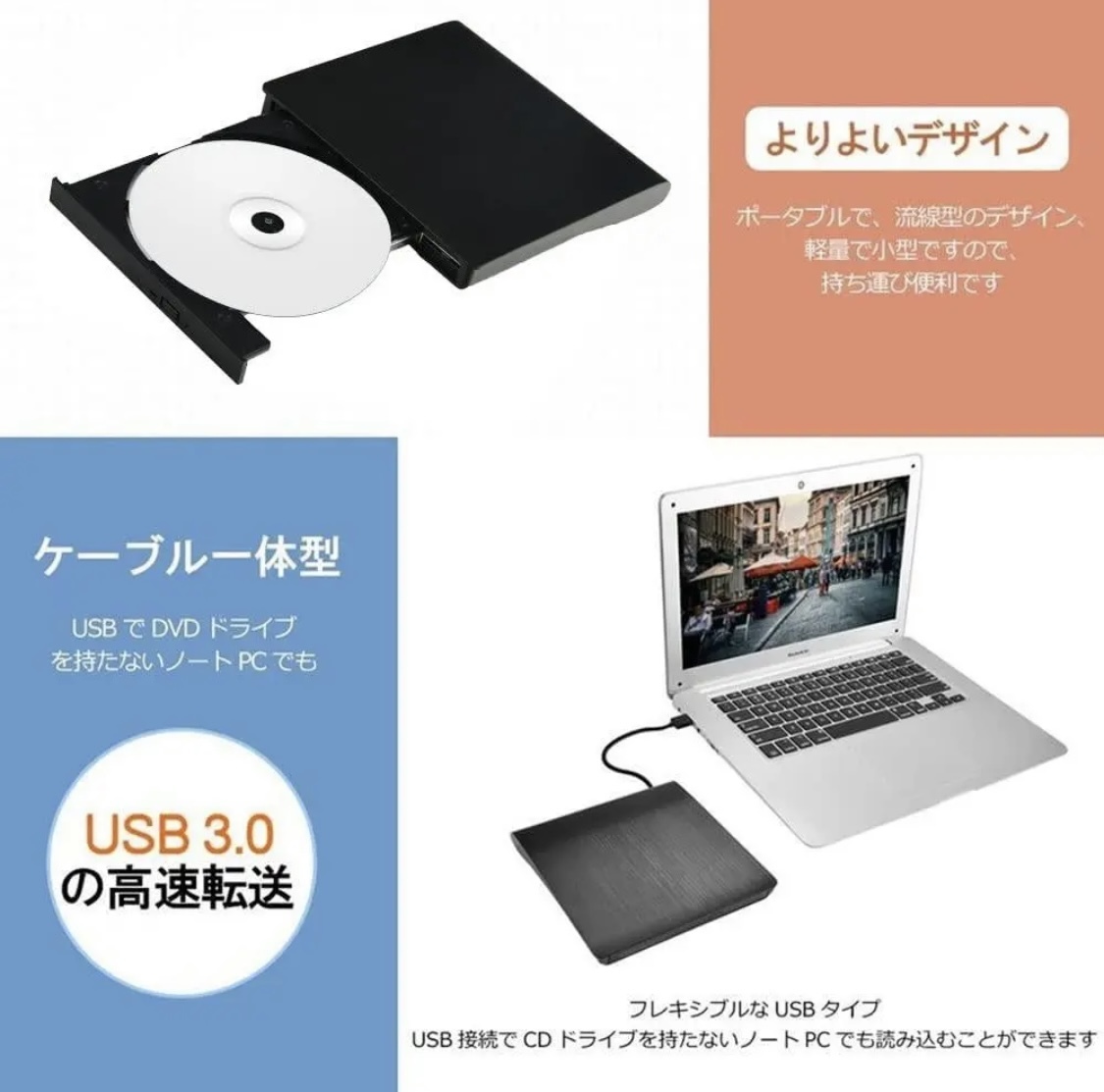 USB3.0 外付け DVDドライブ Type C PC mac cd外付けドライブ ポータブルドライブ CD/DVD 読取書込　高速