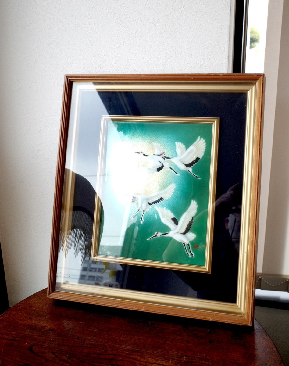 シンプルな木製額 七宝焼きの鶴の絵つき 日本画 油彩 F3号可能 44x50cm レトロ 和モダン アート 古道具のgplus広島 2202i