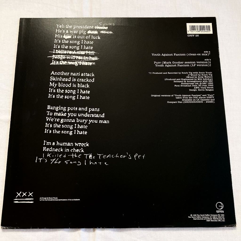 Sonic Youth/ソニック・ユース YOUTH AGAINST FASCISM UK 10 White Vinyl 限定盤 1992 Geffen Records_画像2
