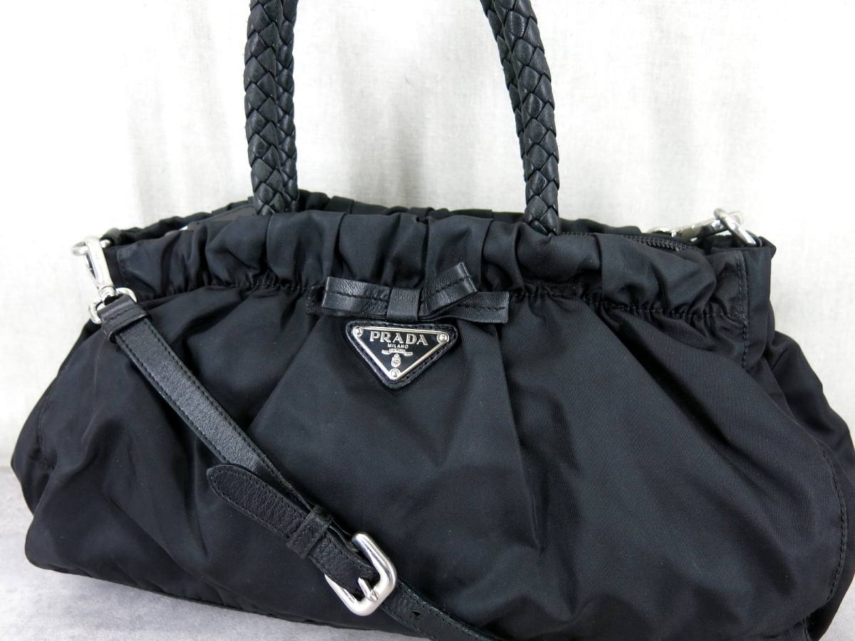 ○PRADA プラダ○リボン○編み込みハンドル○ポコノ ナイロン ラム