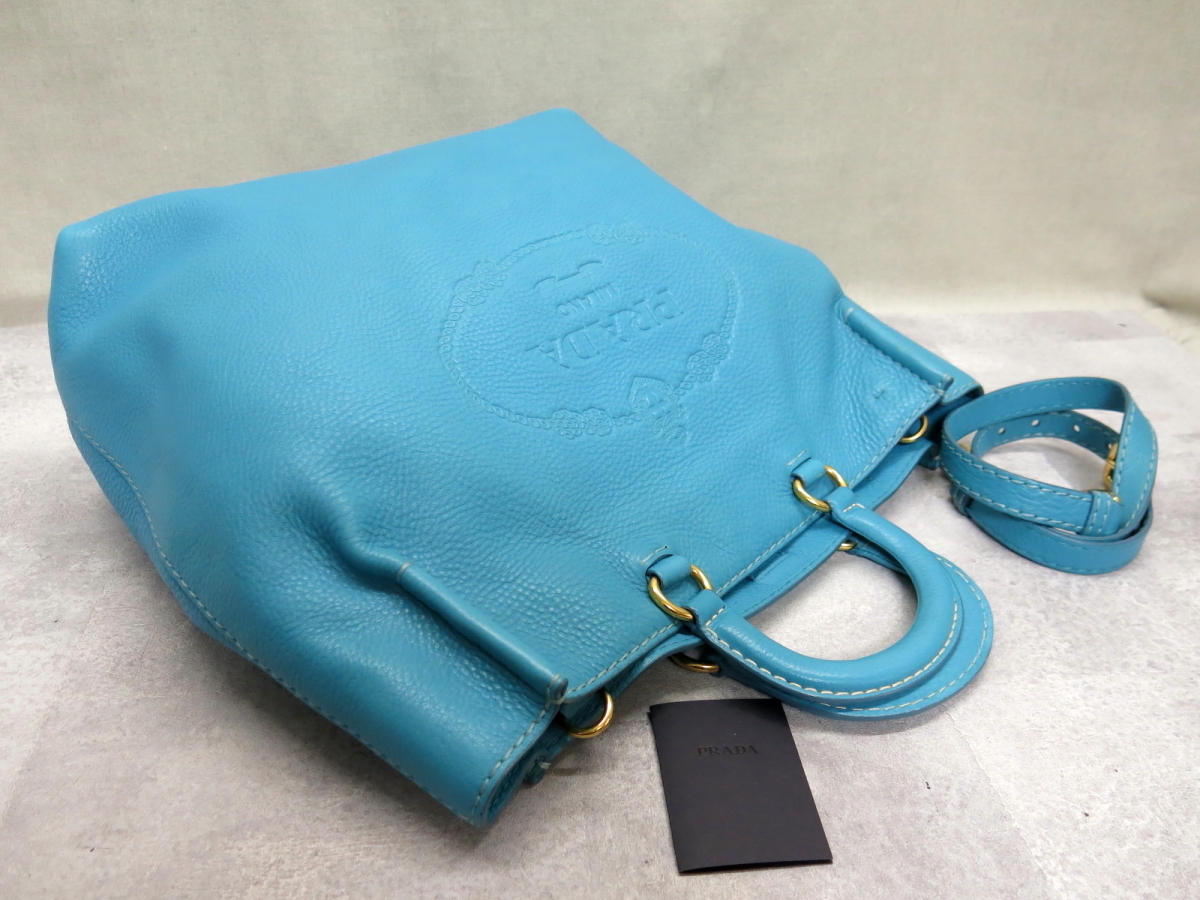 プラダ カーフレザーショルダーバッグ ブルー ○超美品○新品同様○PRADA プラダ○メンズ○ロゴ型押し○カーフ