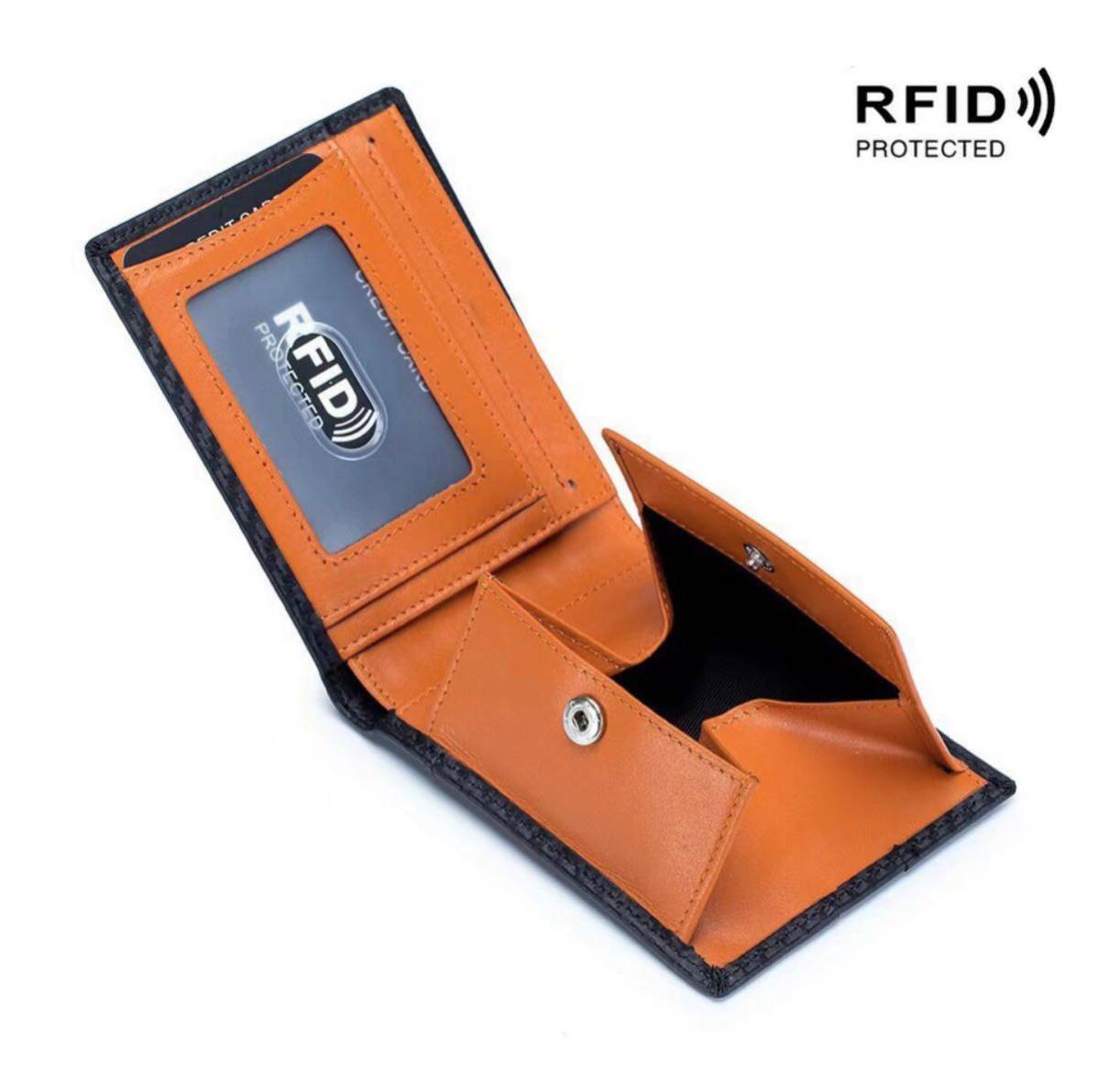 【新品】二つ折り財布 メンズ 財布 本革 スキミング防止 薄い カーボン レザー ボックス型 小銭入れ RFID 薄型 オレンジ