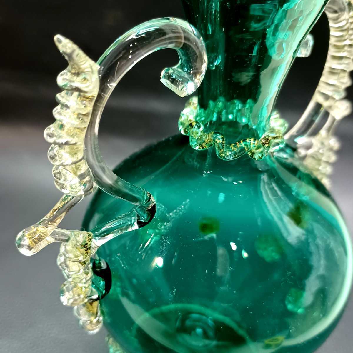 MURANO】年代物☆ムラノ 耳付き 金彩 グリーン 一輪挿し 花瓶