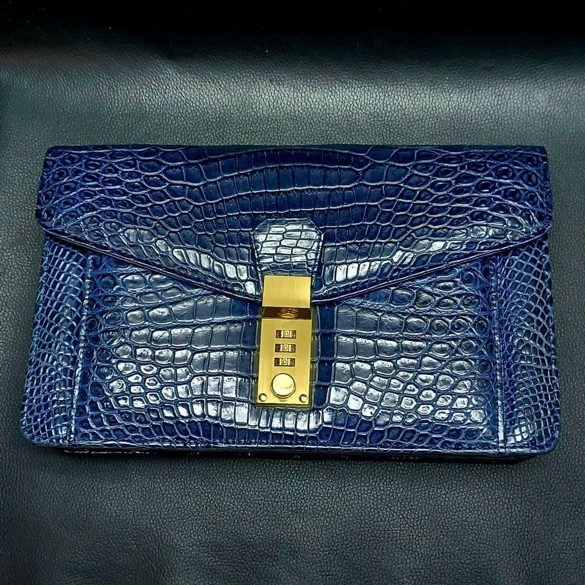 最高級】紺色☆ブルー系 マット クロコダイル 革 セカンドバッグ