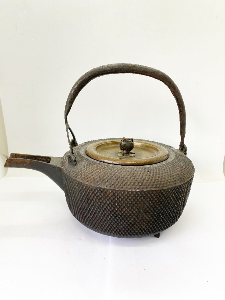 宅配便配送 豆緑】龍文堂造 銅蓋 銚子鉄瓶/古美術茶道具(棚)③ 鉄瓶