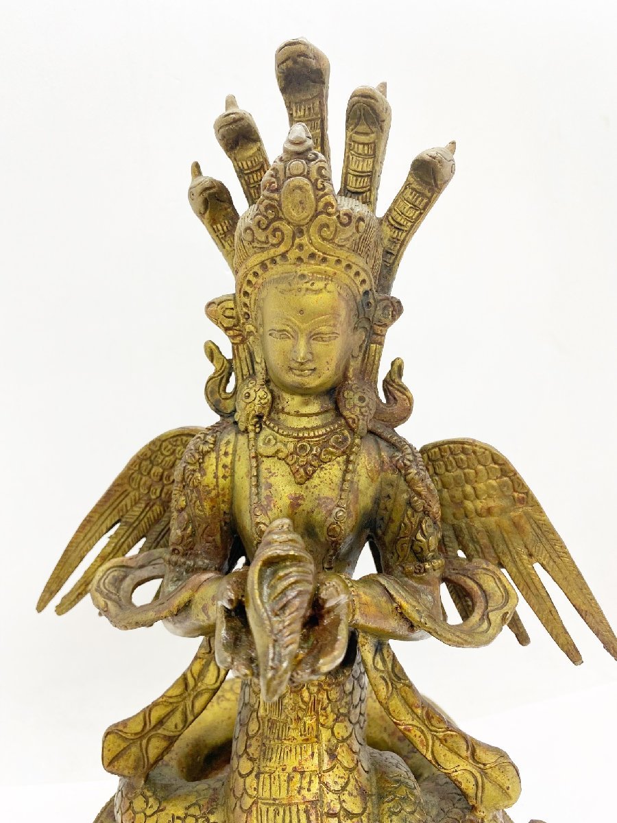豆緑】仏教美術ナーガ 蛇神仏像置物/ヒンドゥー教・銅造鍍金 女性形 