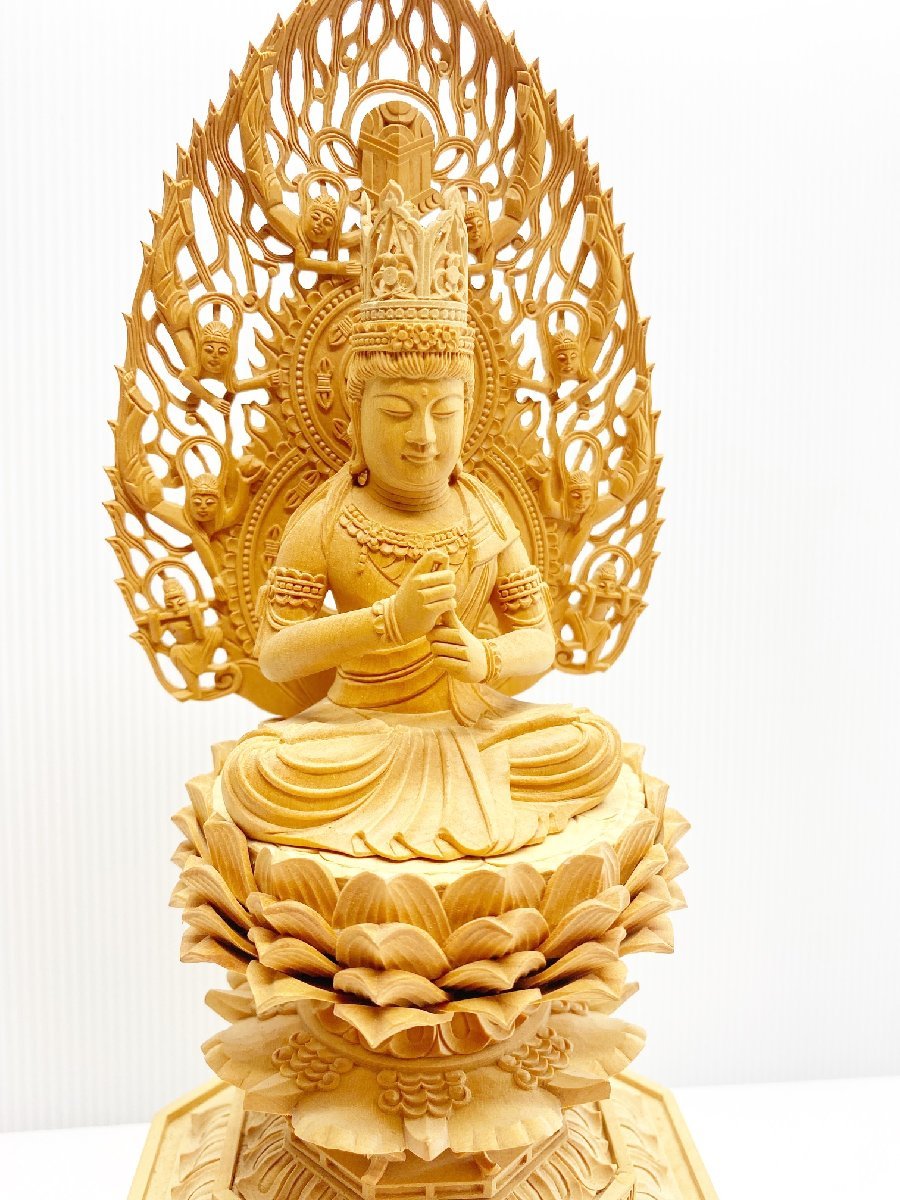 【豆緑】仏教美術/白木材「阿弥陀如来像」釈迦座像・台座/高さ26cm (棚）