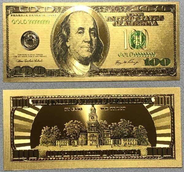 貴重S/N99999999 2枚セット 100ドル札 金メッキ 紙幣 ゴールド 24KGOLD 風水 カード金運上昇 ONE HUNDRED DOLLARSの画像1