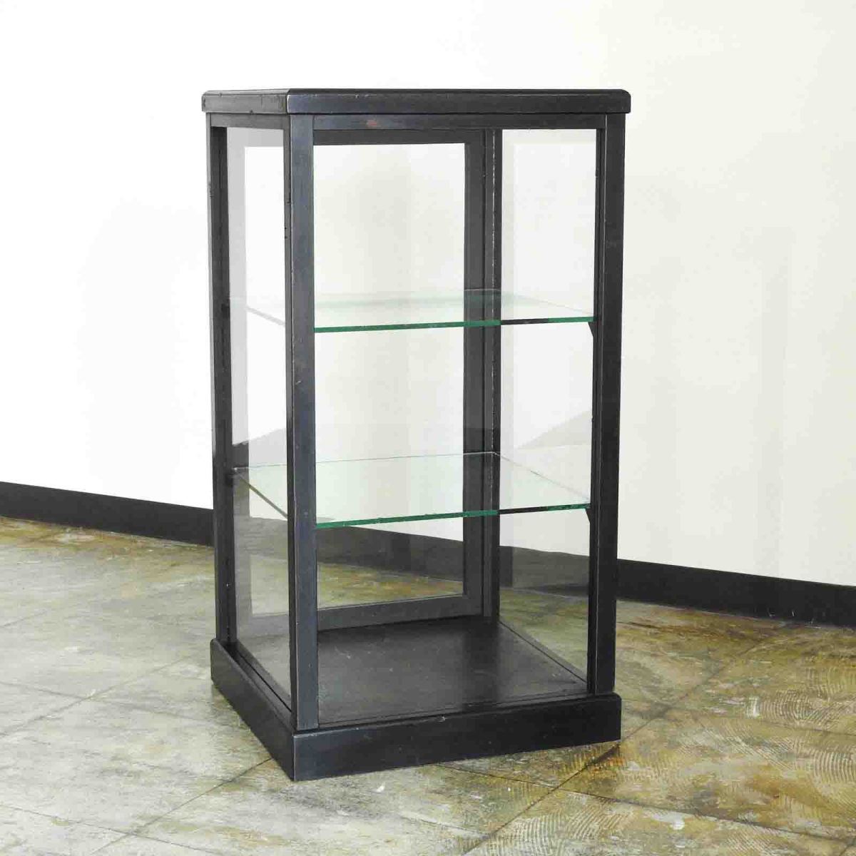 無垢材 黒色木枠に5面ガラス ふるい卓上・縦型ショーケース ケビント 戸棚 スパイスラック ガラスケース HK-a-00196 