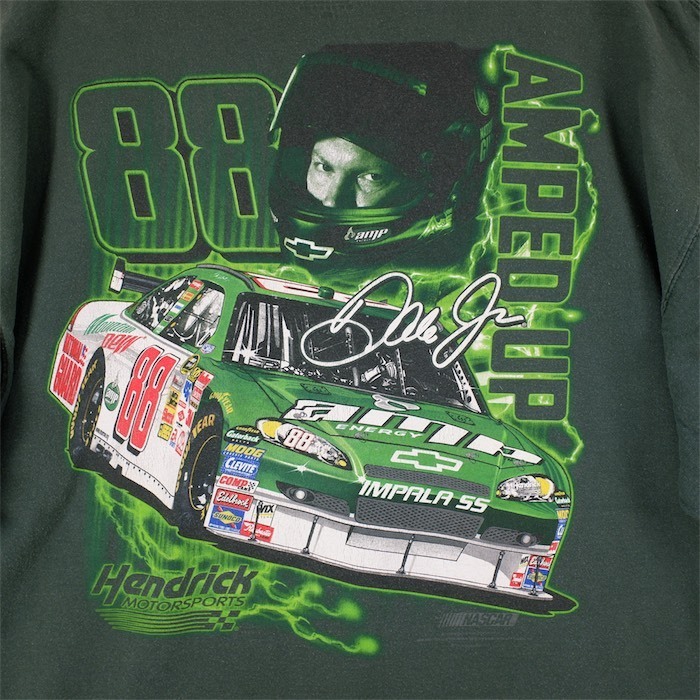 NASCAR クルーネック半袖両面プリントTシャツ メンズUS-2XLサイズ ダークグリーン Dale Jr シボレー レーシングカー t-2064n_画像7