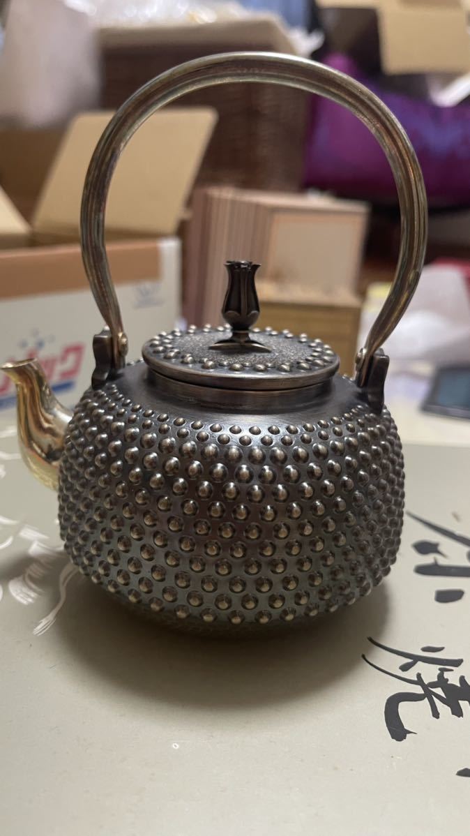 日本本物 純銀製 玉霰打出 花蕾摘 横手急須 銀瓶 煎茶道具 www.m