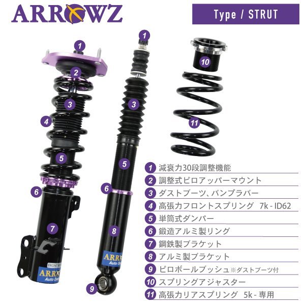 【車高調】 キューブ Z12 フルタップ車高調 全長調整式車高調 キャンバー調整式 ARROWZ ダンパー 1台分 新品_リアのロアブッシュにピロボールを採用