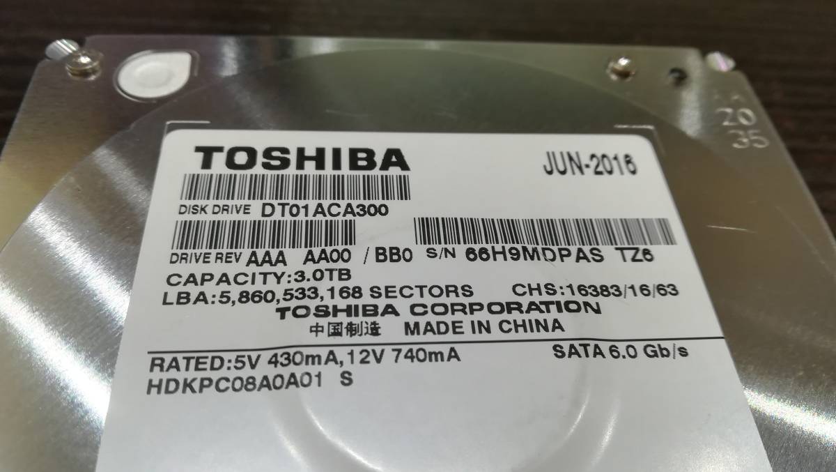 東芝 TOSHIBA DT01ACA300 ハードディスク [3TB(3000GB) SATA]3.5インチ HDD/動作品_画像2