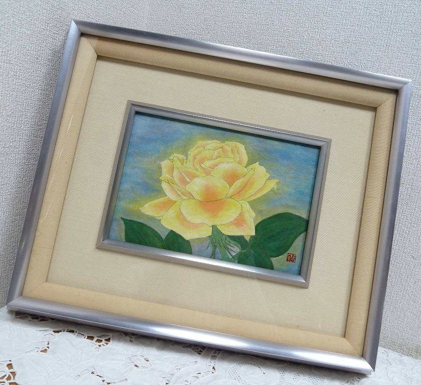 新しいコレクション Bm 水彩画 岩絵の具 黄色い薔薇 縦35 2 横幅42 5 バラ 花