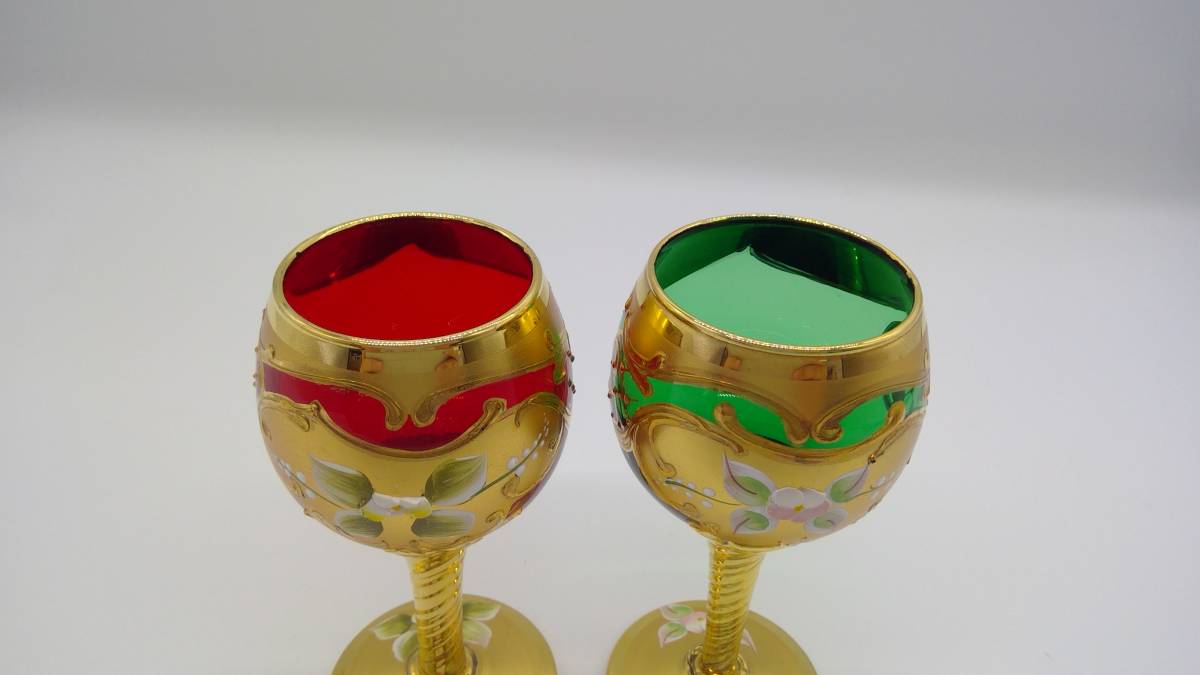 【ベネチアングラス】 ゴブレットペア 2個セット 赤 緑 レッド グリーン ガラス工芸の画像3