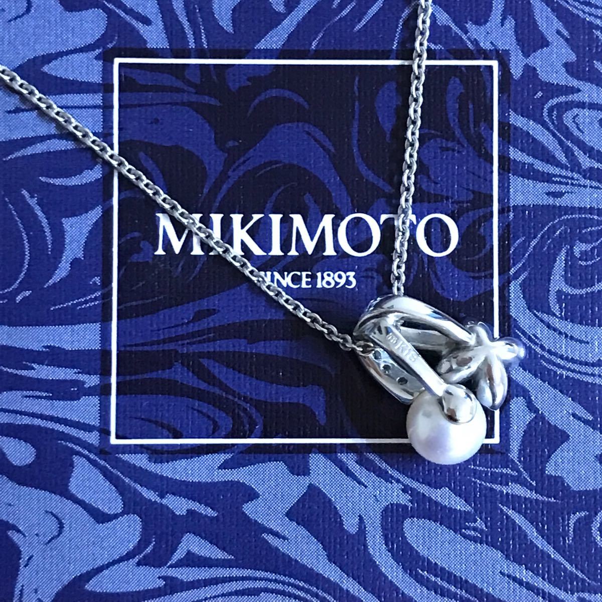 美品 ミキモト パール フラワー ダイヤ ネックレス WG MIKIMOTO