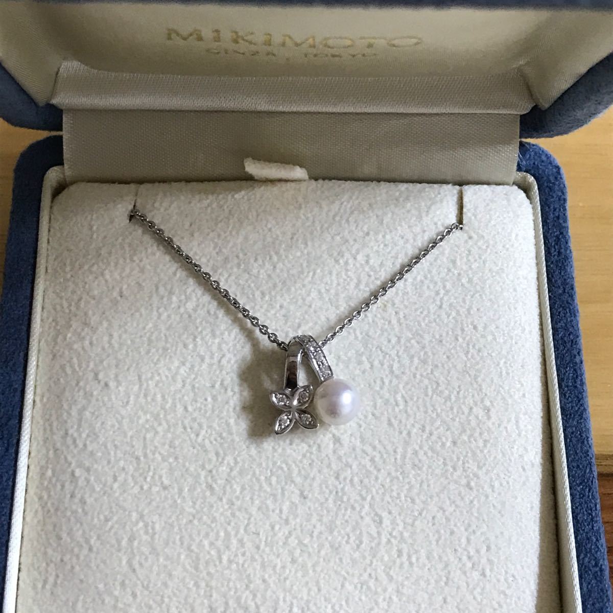 美品 ミキモト パール フラワー ダイヤ ネックレス WG MIKIMOTO