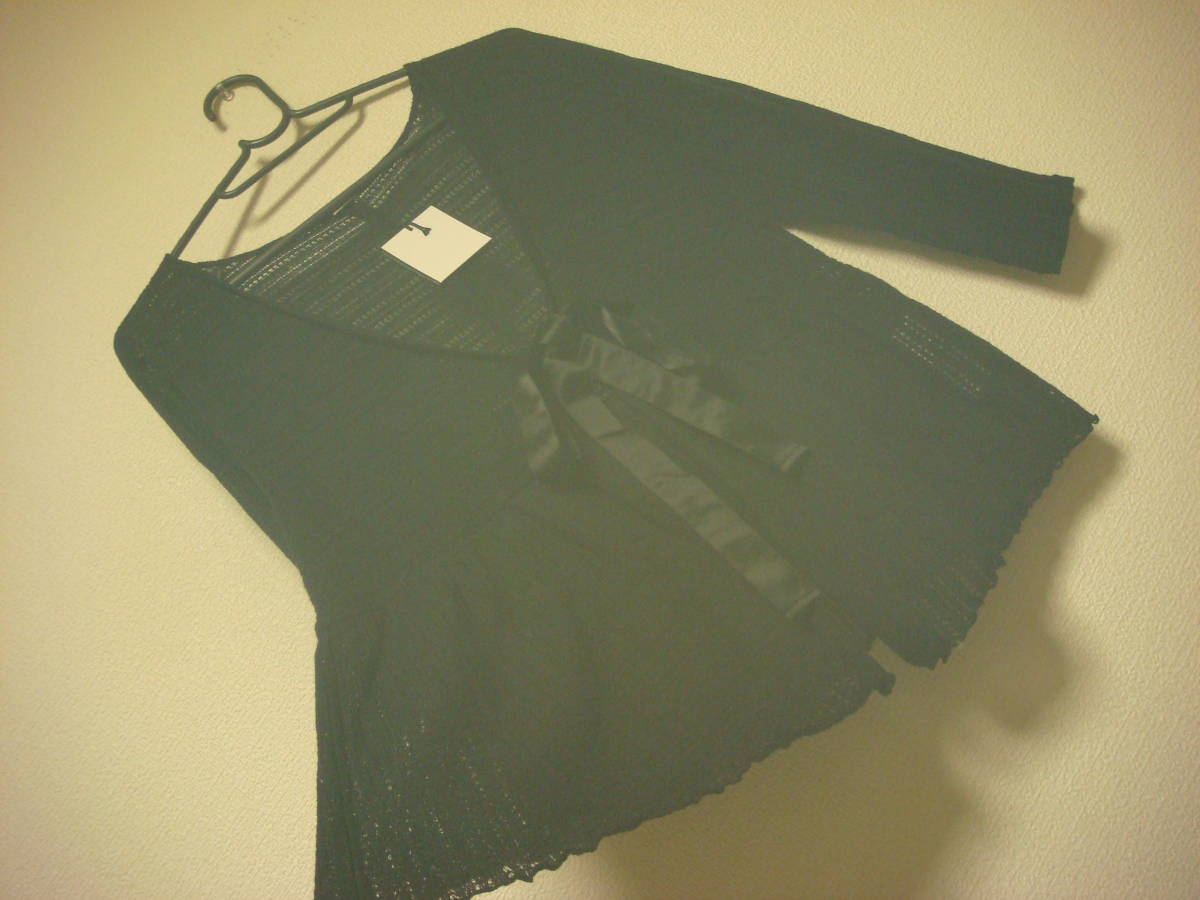 大きいサイズ　かぎ編み　おリボン付き　カーディガン　7分袖　タグ付き未使用　新品　黒_画像1