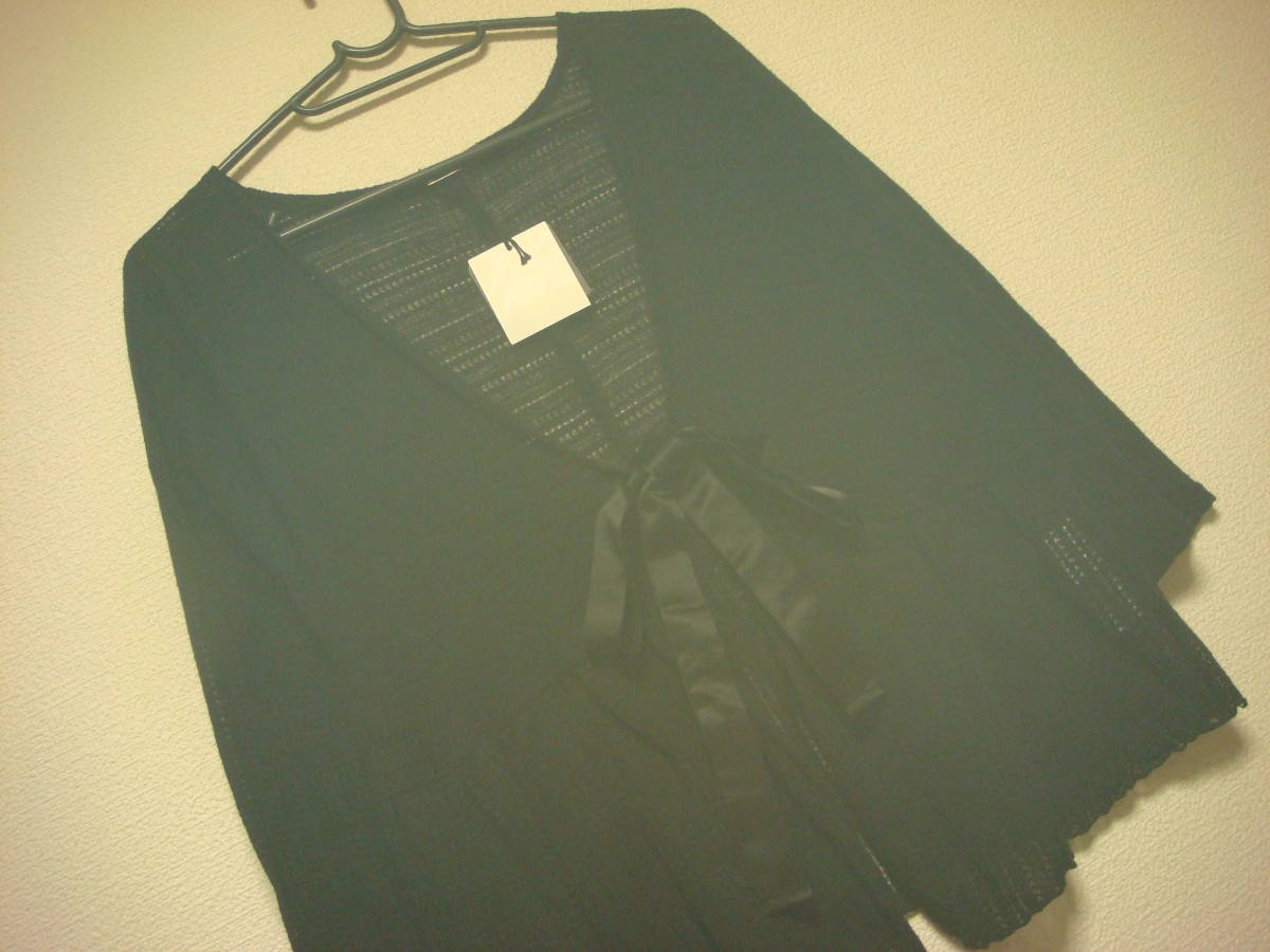 大きいサイズ　かぎ編み　おリボン付き　カーディガン　7分袖　タグ付き未使用　新品　黒_画像2