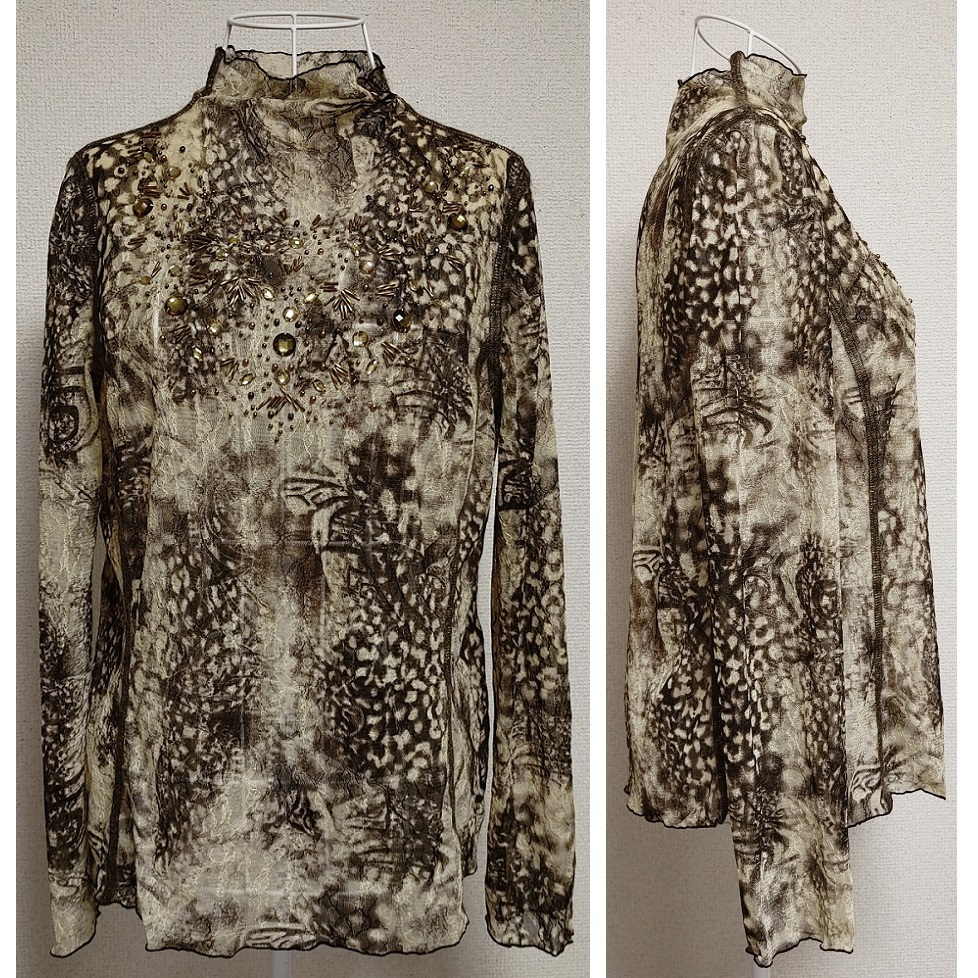 ★伊太利屋■15號(hào) XL 長袖 レース シースルー シアー ビーズ ハイネック ドレープ カットソー シャツ 個(gè)性的 レオパード 豹柄 プルオーバー