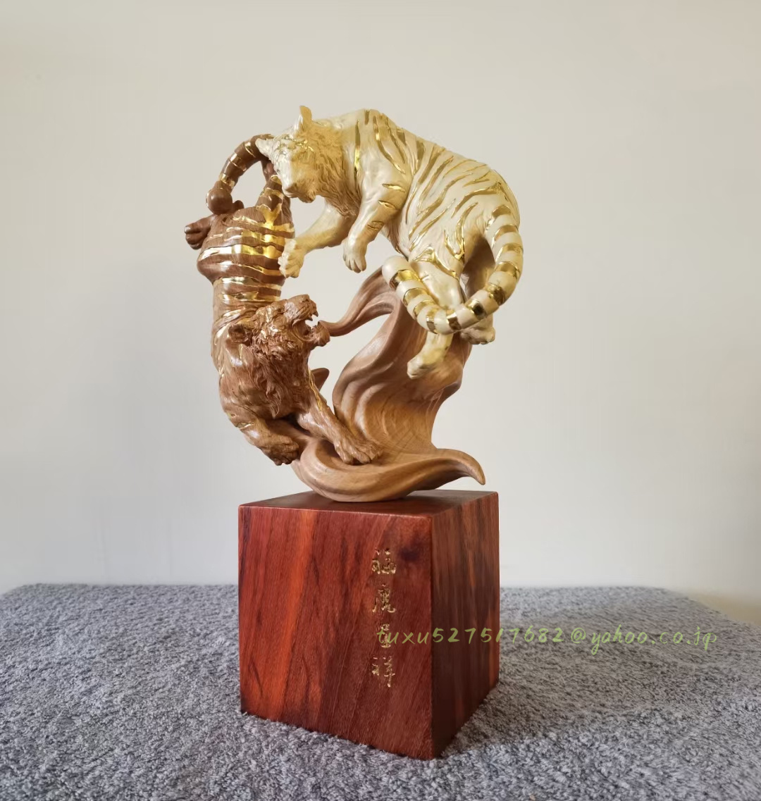 置物 干支 寅 虎 開運 トラ 本金 切金 木彫 美術工芸品 全高約31cm_画像3