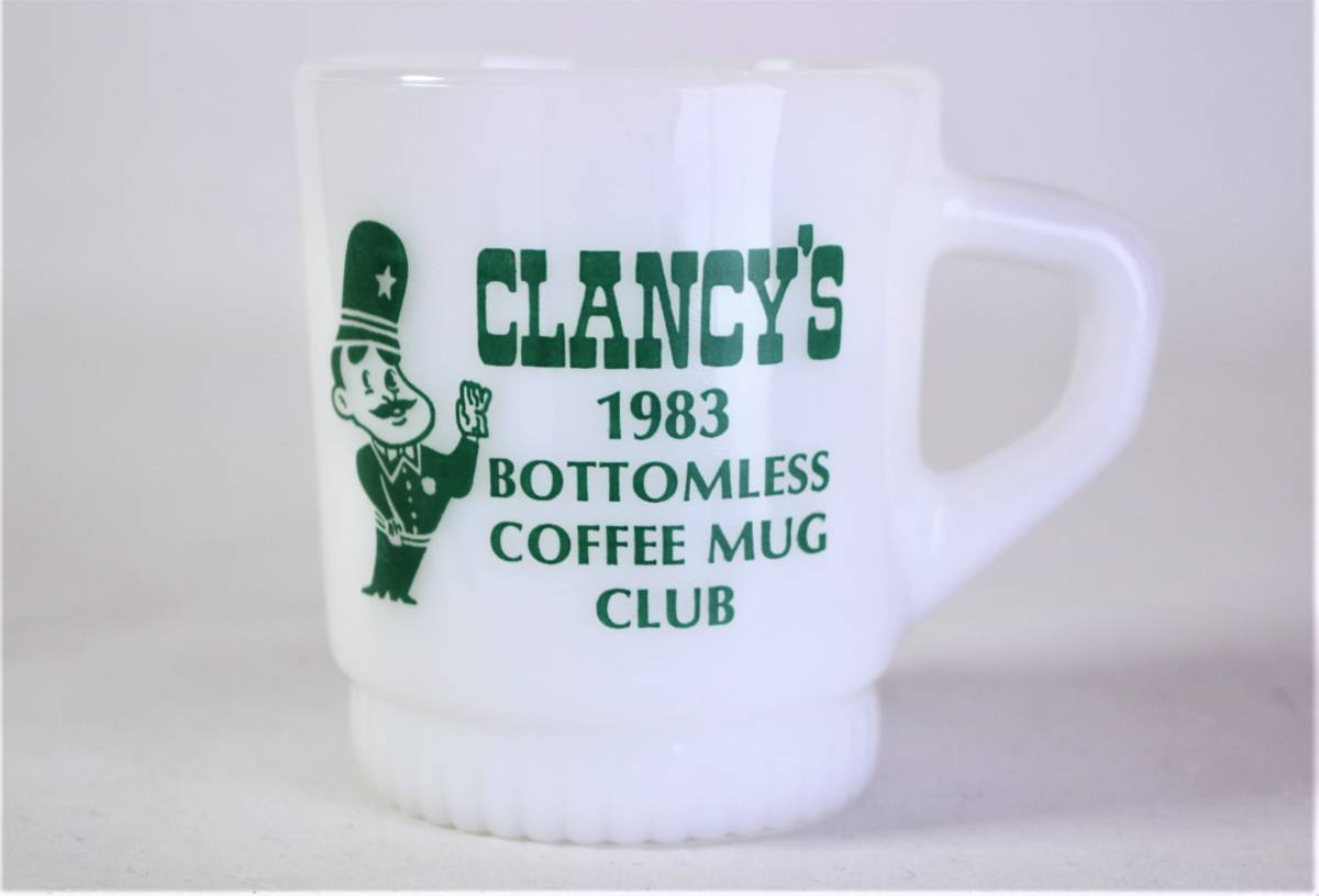 送料無料 美品 定形外 ★ ファイヤーキング クランシーズ CLANCY’S 緑 アドマグ リブボトム 1983年 マグカップ ヴィンテージ ミルクグラス