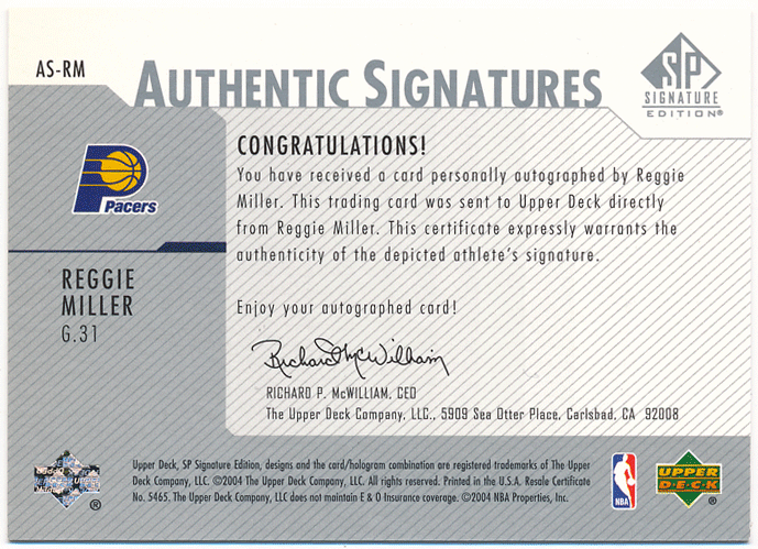 Reggie Miller NBA 2003-04 Upper Deck SP Signature Authentic Signatures Auto オート レジー・ミラー
