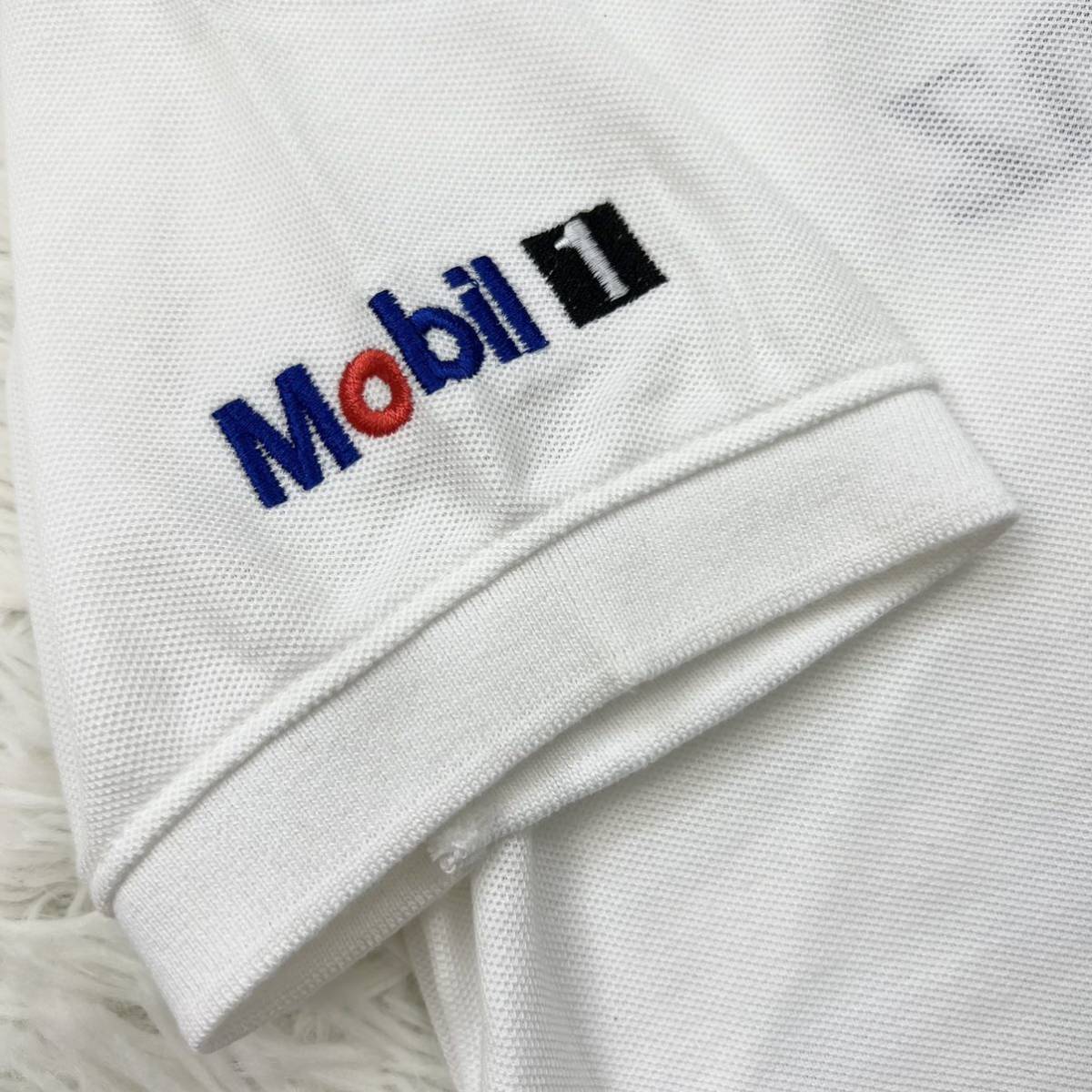 E24 〈新品未使用〉メルセデスベンツ Mobil1 ポロシャツ コットン100% 半袖 刺繍 ホワイト L モービル Mercedes-Benz