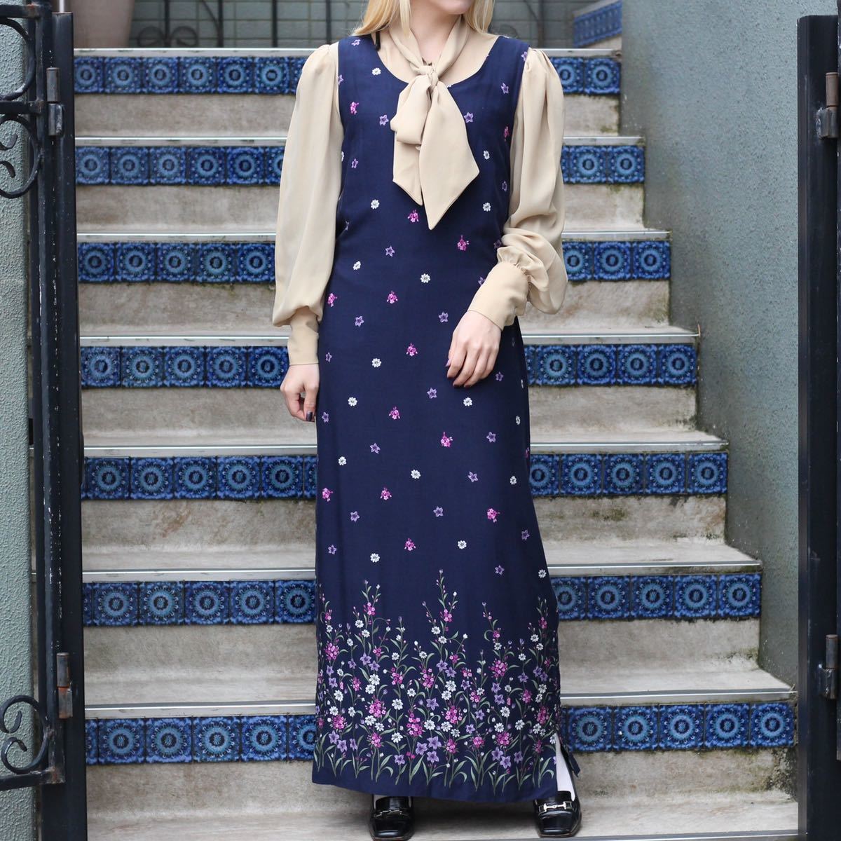 USA VINTAGE FLOWER PATTERNED RAYON NO SLEEVE ONE PIECE/アメリカ古着お花柄レーヨンノースリーブワンピース