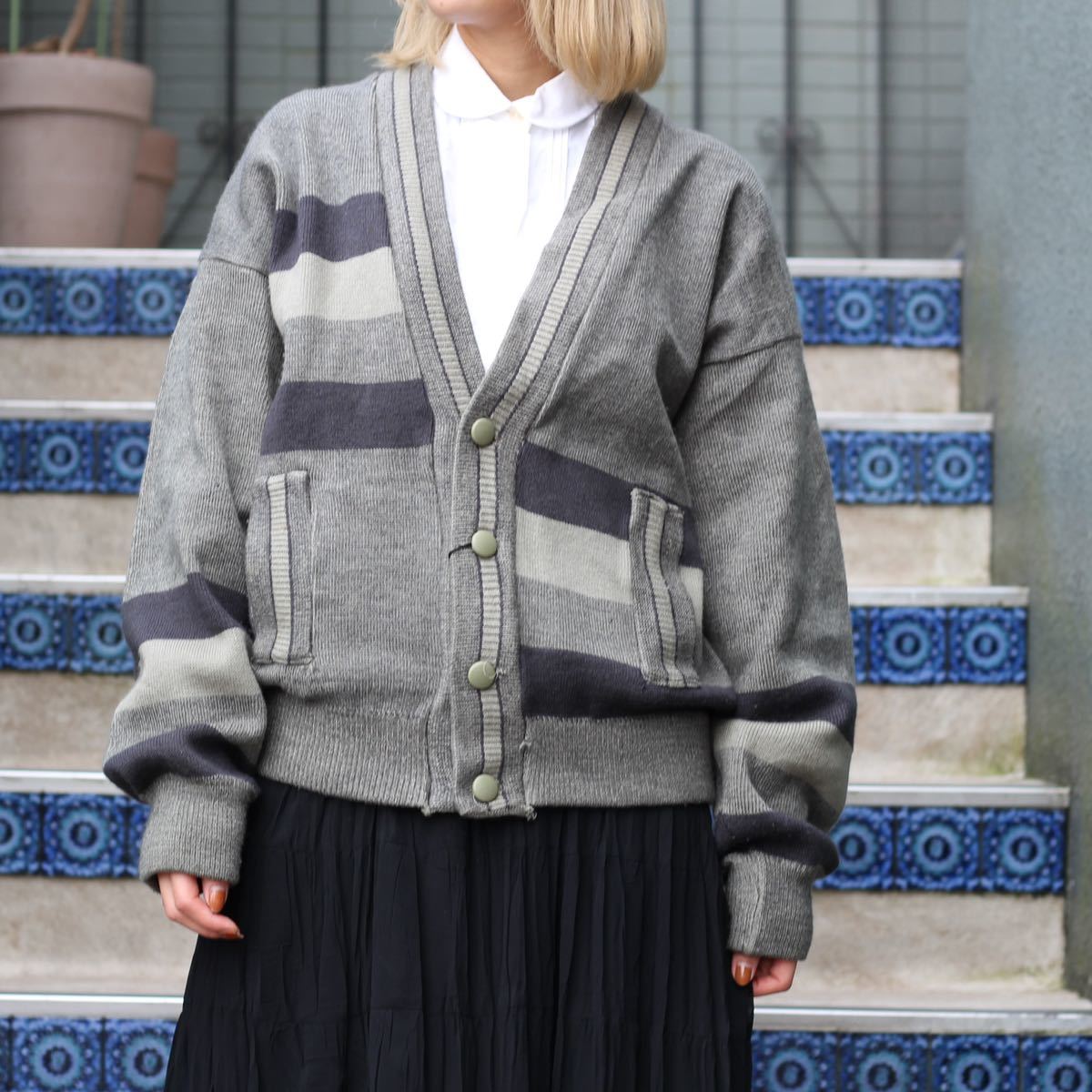 RETRO VINTAGE BORDER DESIGN KNIT CARDIGAN/レトロ古着ボーダーデザインニットカーディガン