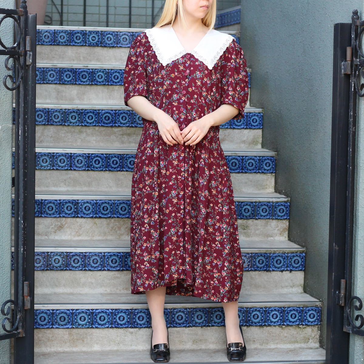 USA VINTAGE karin stevens BIG COLLAR FLOWER PATTERNED ONE PIECE/アメリカ古着ビッグカラー花柄ワンピース