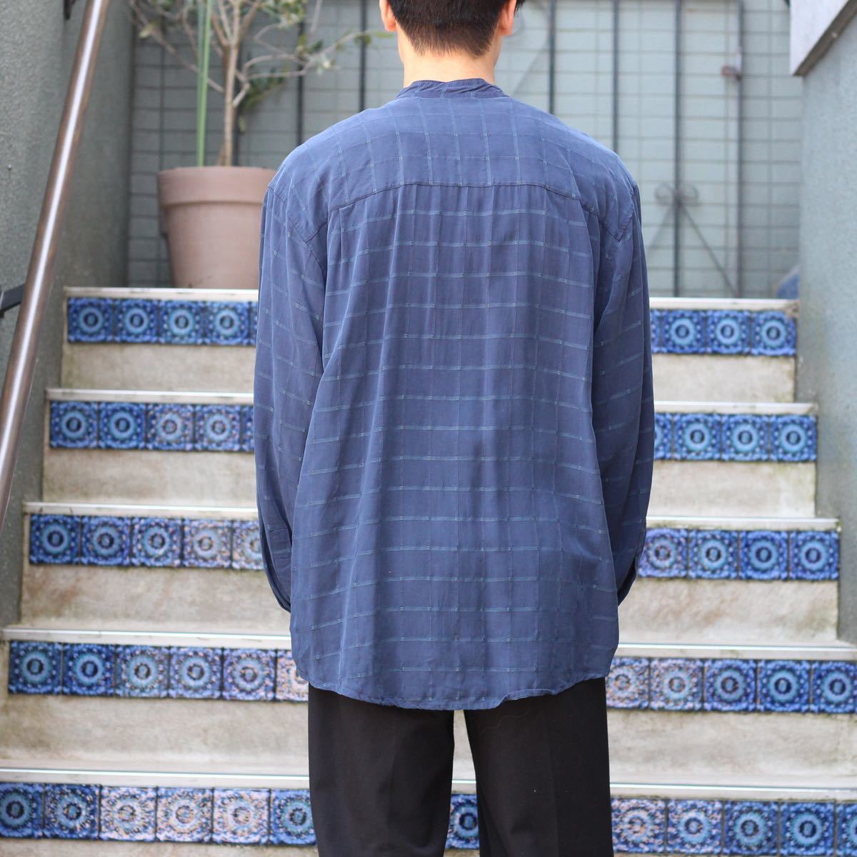 USA VINTAGE ULTRA FEEL BAND COLLAR CHECK PATTERNED DESIGN SHIRT/アメリカ古着バンドカラーチェック柄デザインシャツ